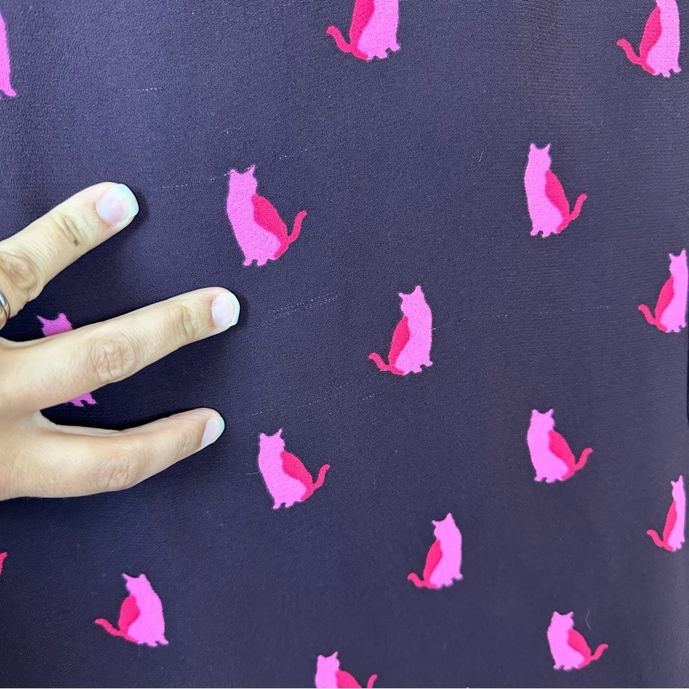 LOFT Plum Shift Cat Dress‎ Bright Pink Print FLAW Office Whimsy XS - Picture 2 of 5